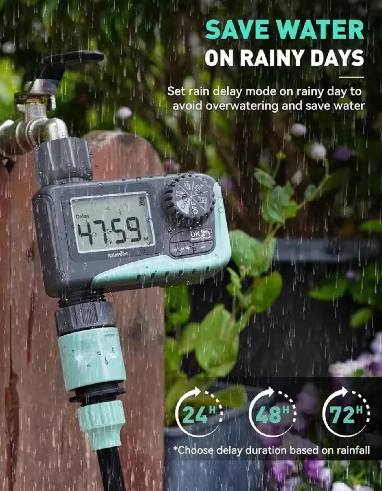 Temporizador de Manguera de 1 zona con retardo de lluvia, riego manual, sistema controlador de riego automático RainPoint