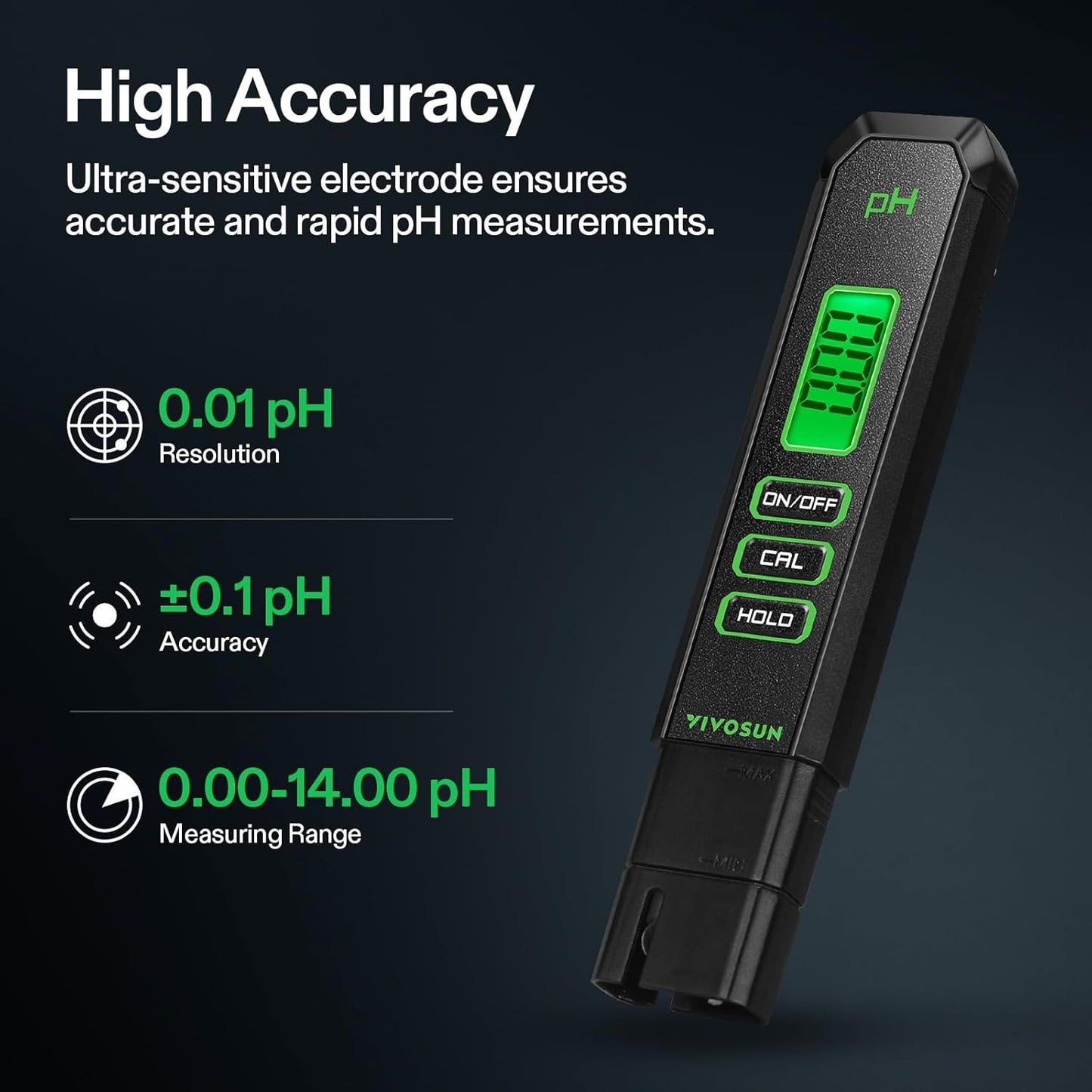 Medidor digital de pH, 0,01 pH de alta precisión, tipo bolígrafo para hidroponía, bebida doméstica, piscina y acuario, negro, certificado UL Vivosun