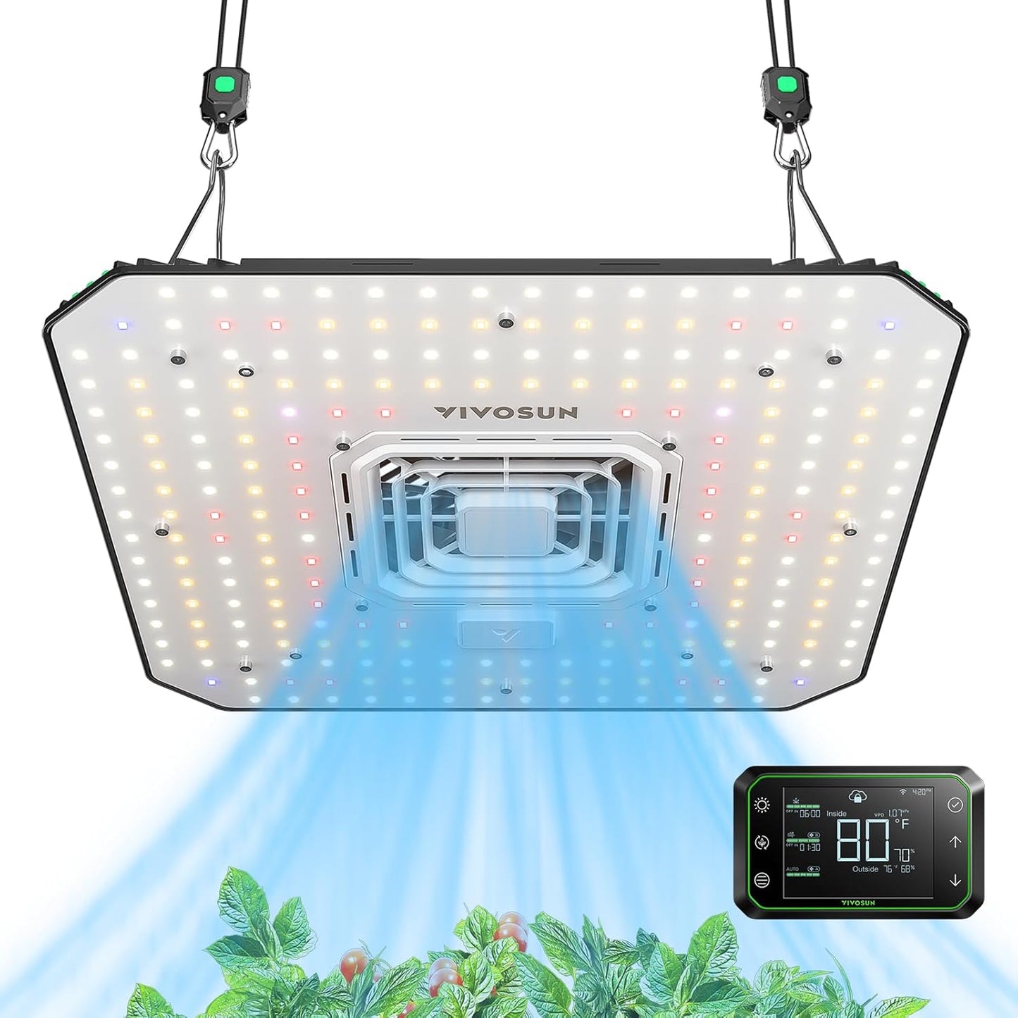 VIVOSUN AeroLight A100 Luz de Cultivo LED de 100W con Espectro Ajustable, Ventilador de Circulación Integrado y Controlador Growhub E42A, Diodos Samsung LM301B, Compatible con App y E25, Cobertura de 2 x 2 pies.