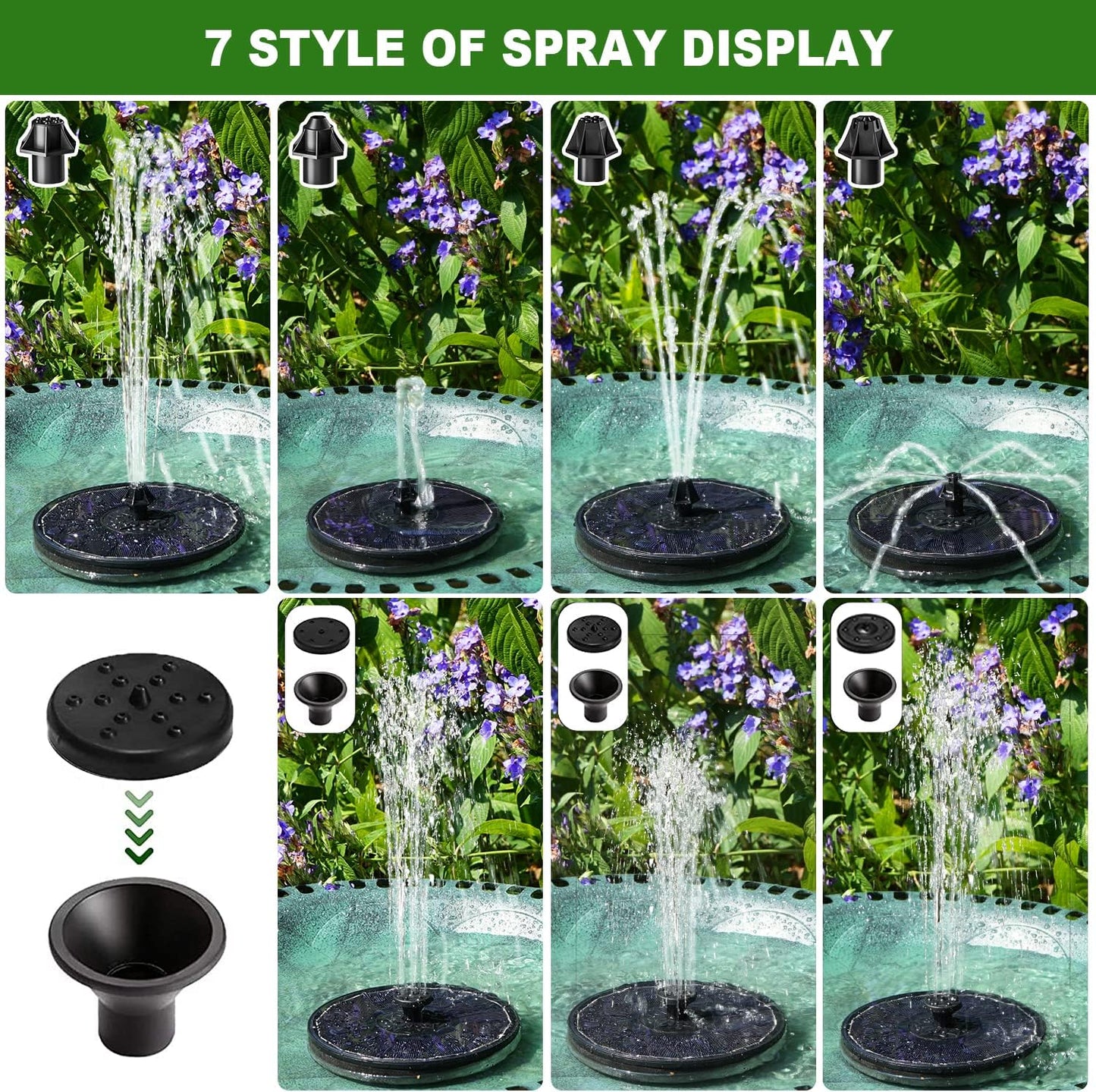 Fuente solar Yzert con batería de reserva de 2000 mAh funciona en fuentes nubladas de vidrio para pájaros con 7 boquillas, bomba de fuente solar de 3.5 W para baño de pájaros, jardín, exterior,