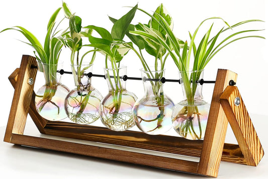 XXXFLOWER Terrario de plantas con soporte de madera, maceta de vidrio para colgar en la pared, estación de propagación de mesa, soporte giratorio de metal, estante retro para decoración hidropónica con 5 estaciones